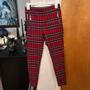 Zara High Waisted Stretchy Red Plaid Zipper Pants